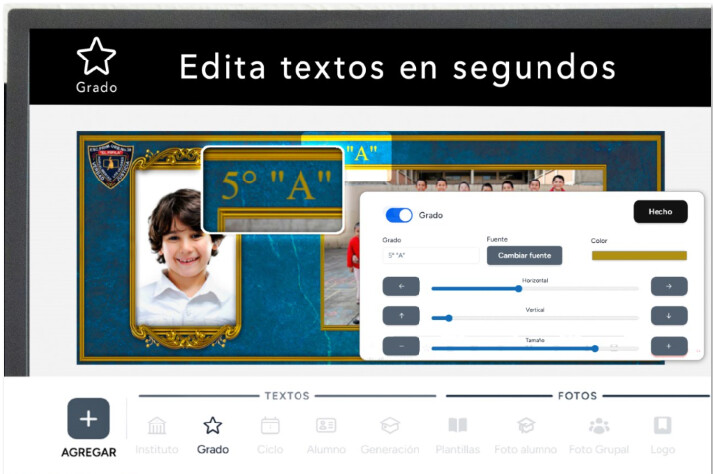 Editor de grado para personalizar textos en plantillas escolares en Mi Album CDMX
