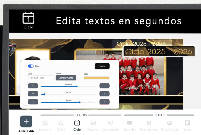 Editor de ciclo escolar para editar textos en plantillas escolares en Mi Album CDMX