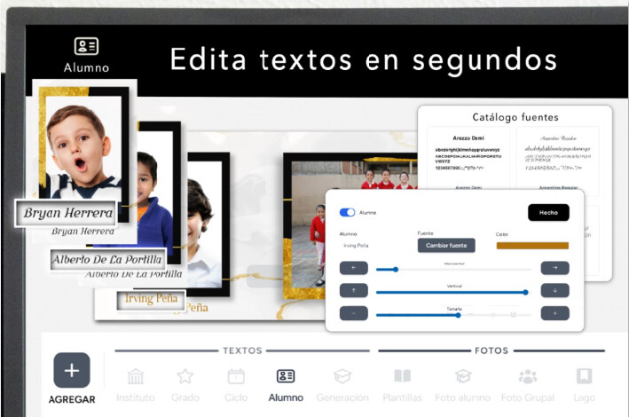 Editor de alumno para personalizar nombres en plantillas escolares en Mi Album CDMX