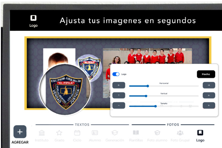 Editor de logo para ajustar imagen institucional en plantillas escolares en Mi Album CDMX